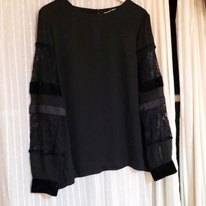 Loft L black blouse w/ lace and velvet sleeves